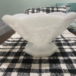 Vintage Anchor Hocking White Milk Glass Pedestal Bowl in Grapevine pattern.